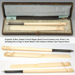 Antique French Dieppe Carved Ivory 2pc Writer's Set, Pen & Page Marker, Brittany Figural Busts