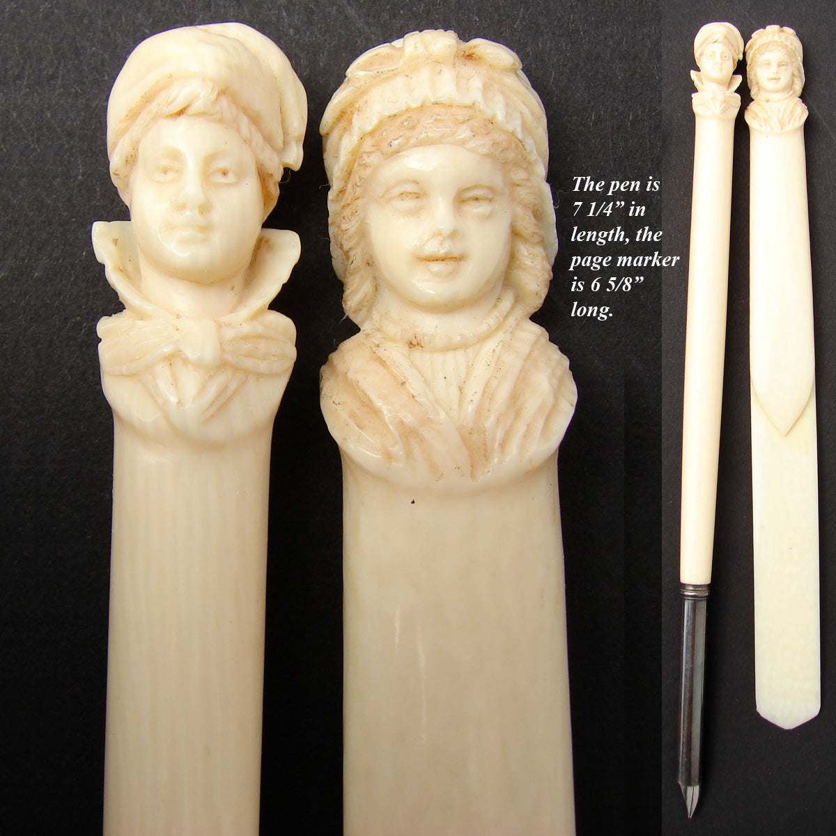 Antique French Dieppe Carved Ivory 2pc Writer's Set, Pen & Page Marker, Brittany Figural Busts