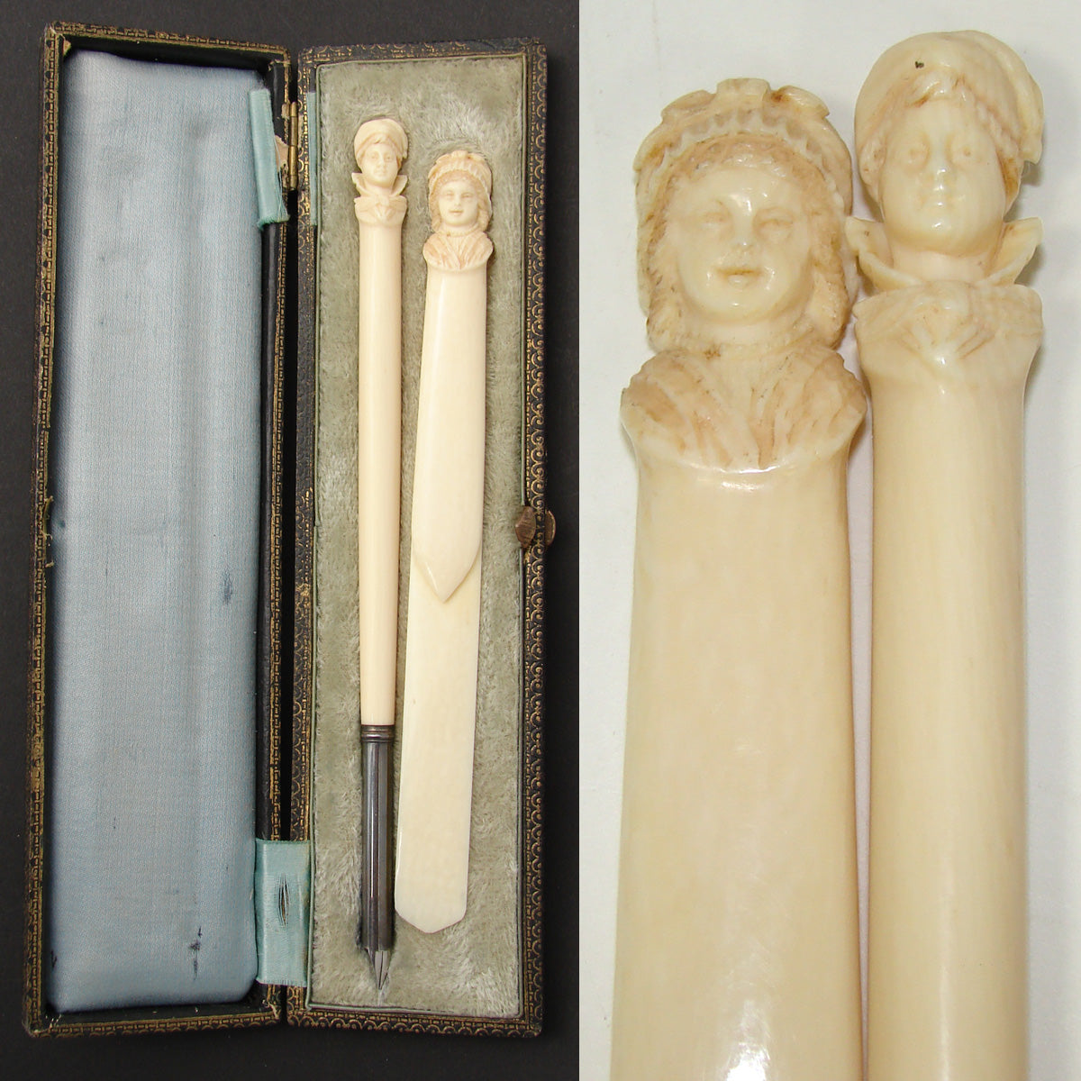 Antique French Dieppe Carved Ivory 2pc Writer's Set, Pen & Page Marker, Brittany Figural Busts