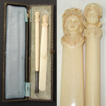 Antique French Dieppe Carved Ivory 2pc Writer's Set, Pen & Page Marker, Brittany Figural Busts