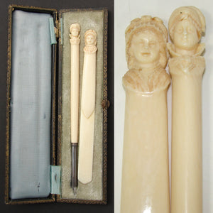 Antique French Dieppe Carved Ivory 2pc Writer's Set, Pen & Page Marker, Brittany Figural Busts