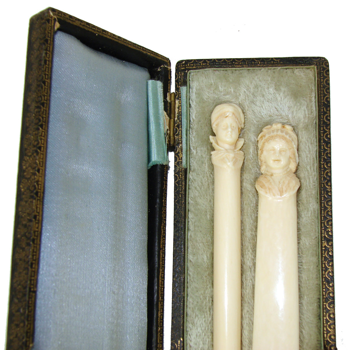 Antique French Dieppe Carved Ivory 2pc Writer's Set, Pen & Page Marker, Brittany Figural Busts