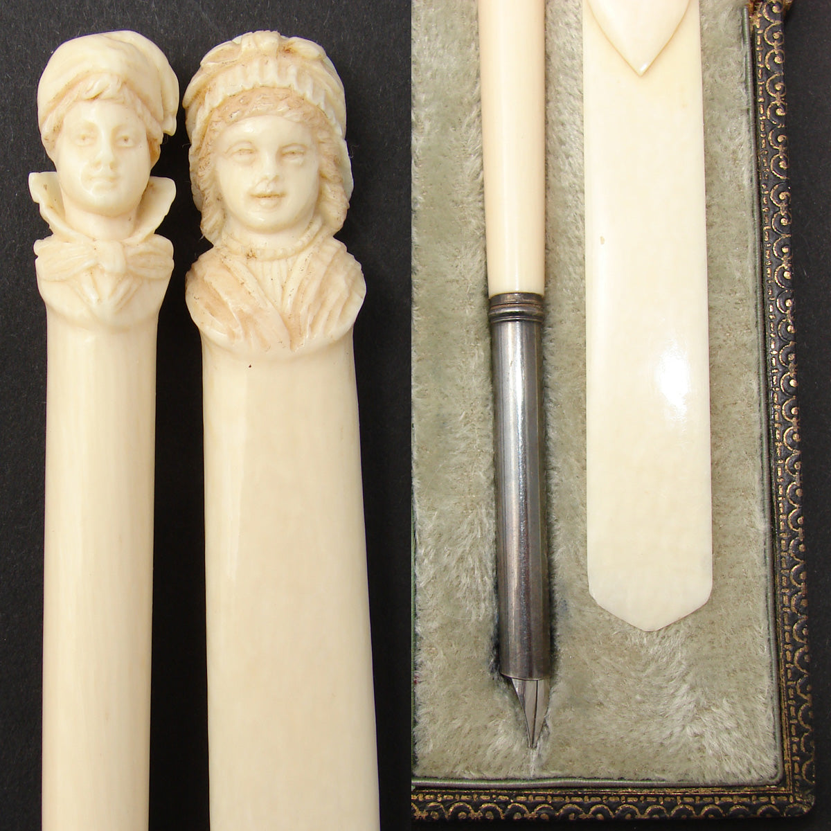 Antique French Dieppe Carved Ivory 2pc Writer's Set, Pen & Page Marker, Brittany Figural Busts