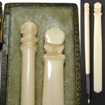 Antique French Dieppe Carved Ivory 2pc Writer's Set, Pen & Page Marker, Brittany Figural Busts