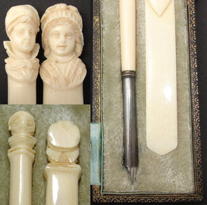 Antique French Dieppe Carved Ivory 2pc Writer's Set, Pen & Page Marker, Brittany Figural Busts