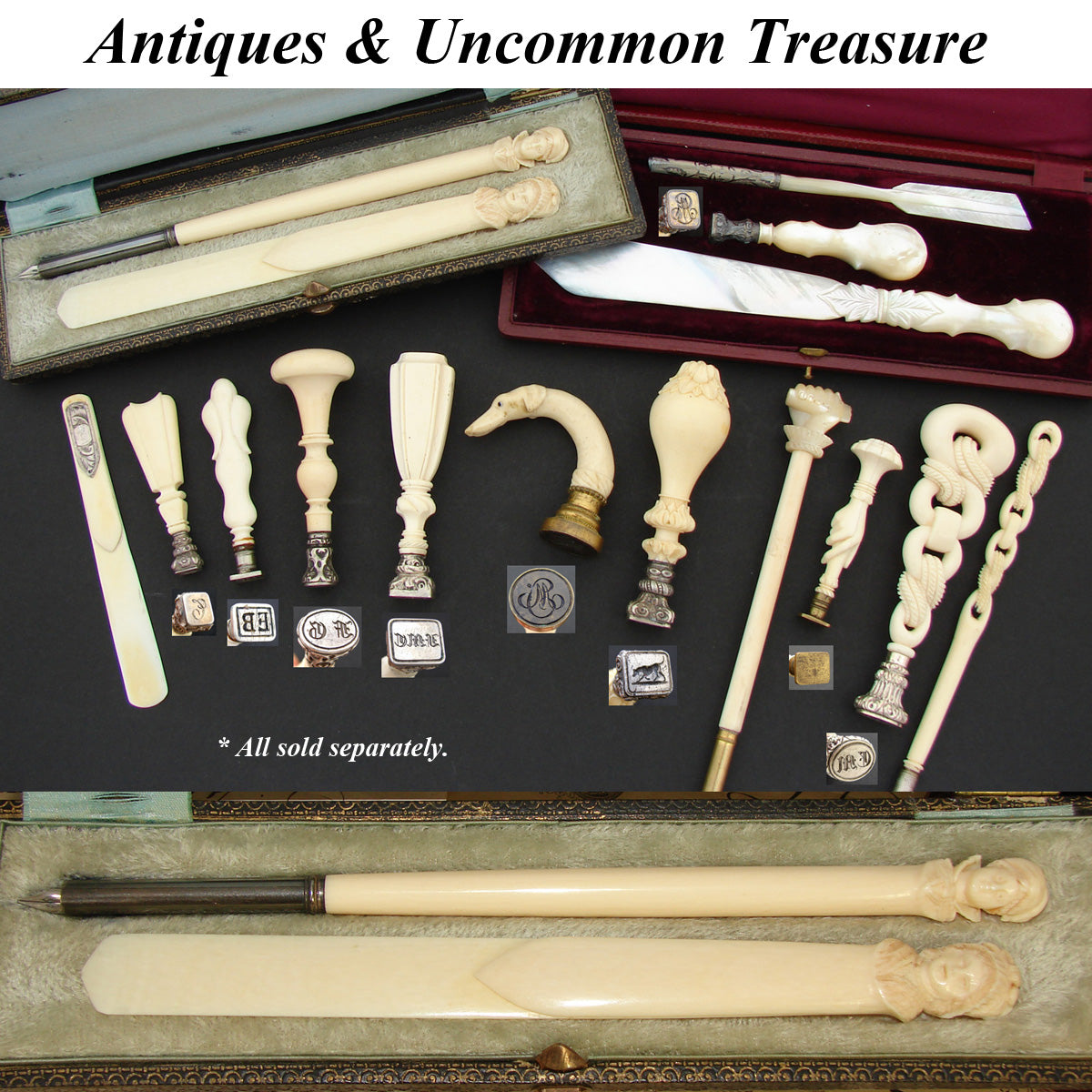 Antique French Dieppe Carved Ivory 2pc Writer's Set, Pen & Page Marker, Brittany Figural Busts