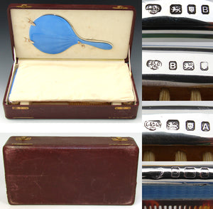 Rare Vintage Harrods Sterling Silver & Guilloche Enamel 6pc Vanity Brush or Grooming Set, Mirror, Orig Box