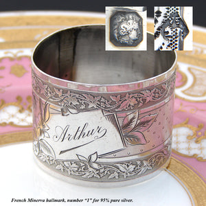 Antique French Sterling Silver 2" Napkin Ring, Ornate Foliate, "Arthur" Inscription