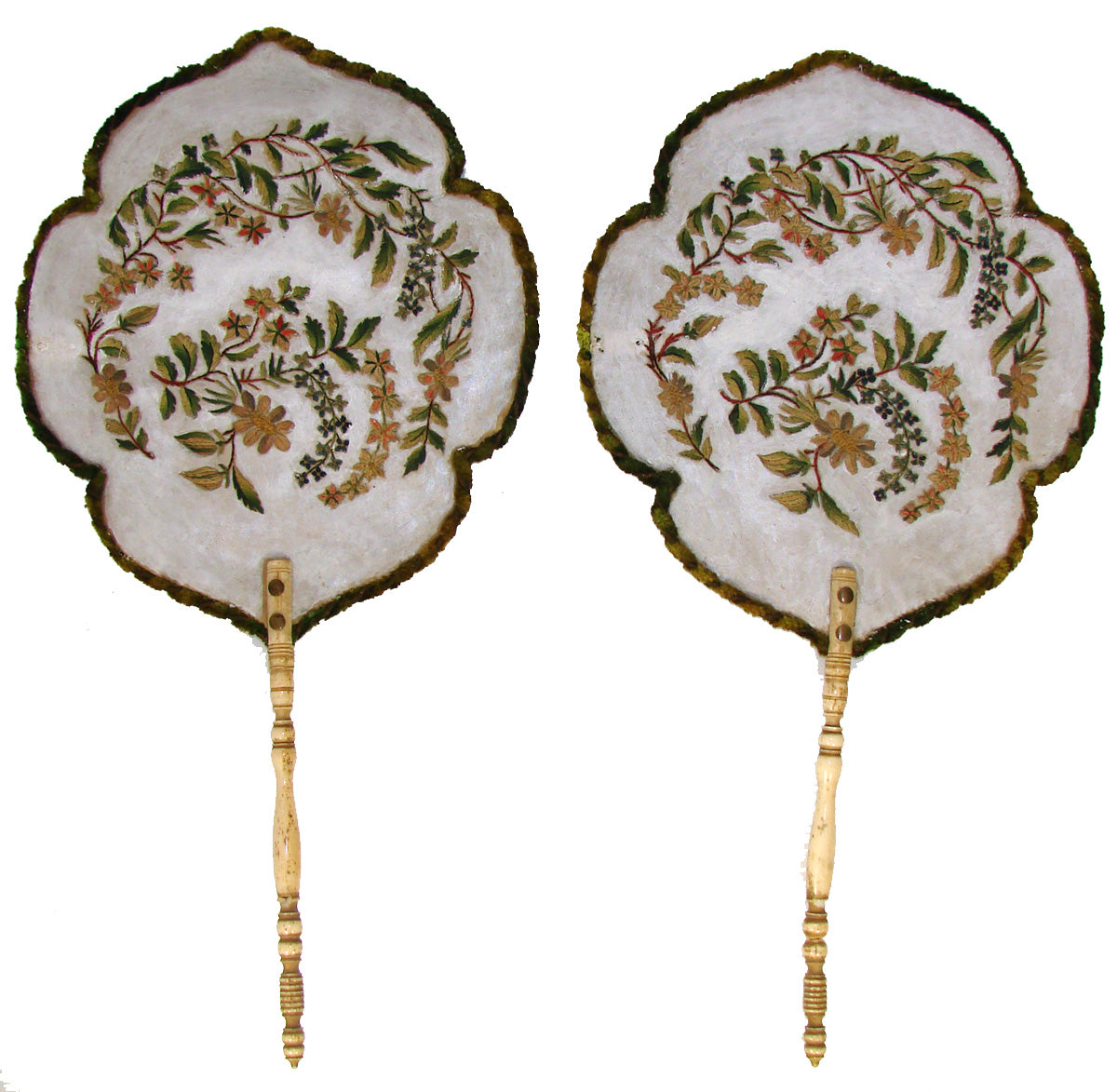 Antique Victorian Era Face Screen PAIR, Floral & Foliate Embroidery, Turned Handles