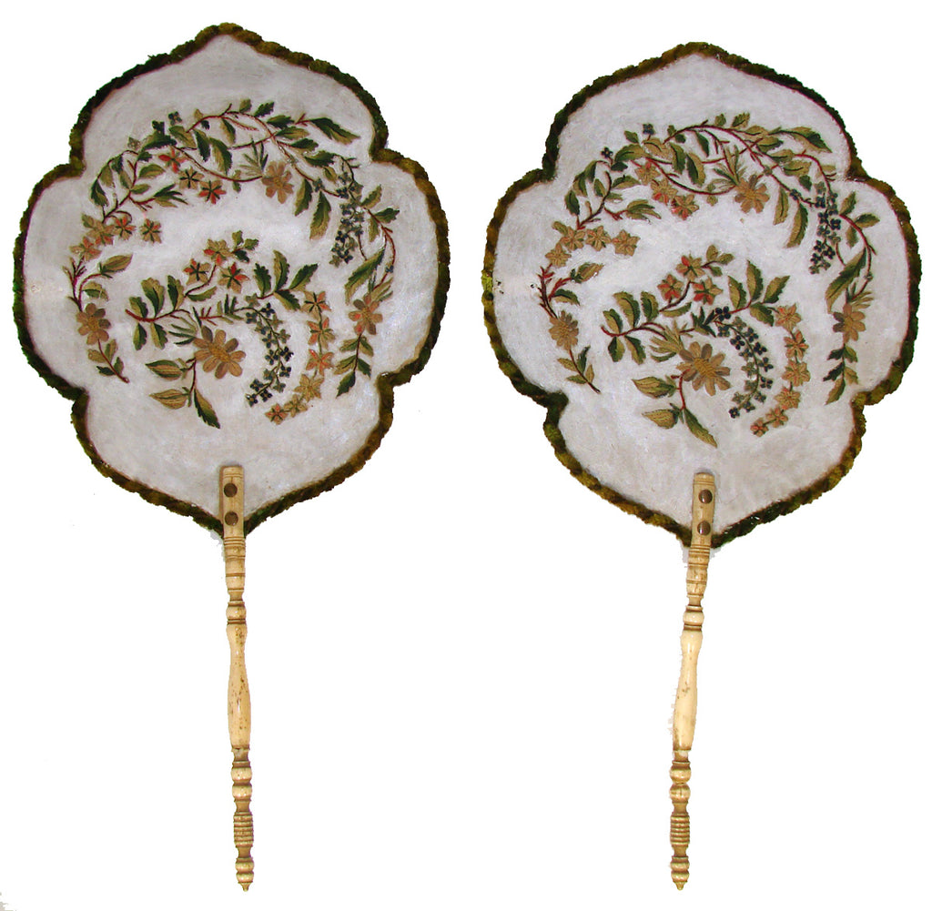 Antique Victorian Era Face Screen PAIR, Floral & Foliate Embroidery, Turned Handles