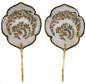 Antique Victorian Era Face Screen PAIR, Floral & Foliate Embroidery, Turned Handles