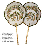 Antique Victorian Era Face Screen PAIR, Floral & Foliate Embroidery, Turned Handles