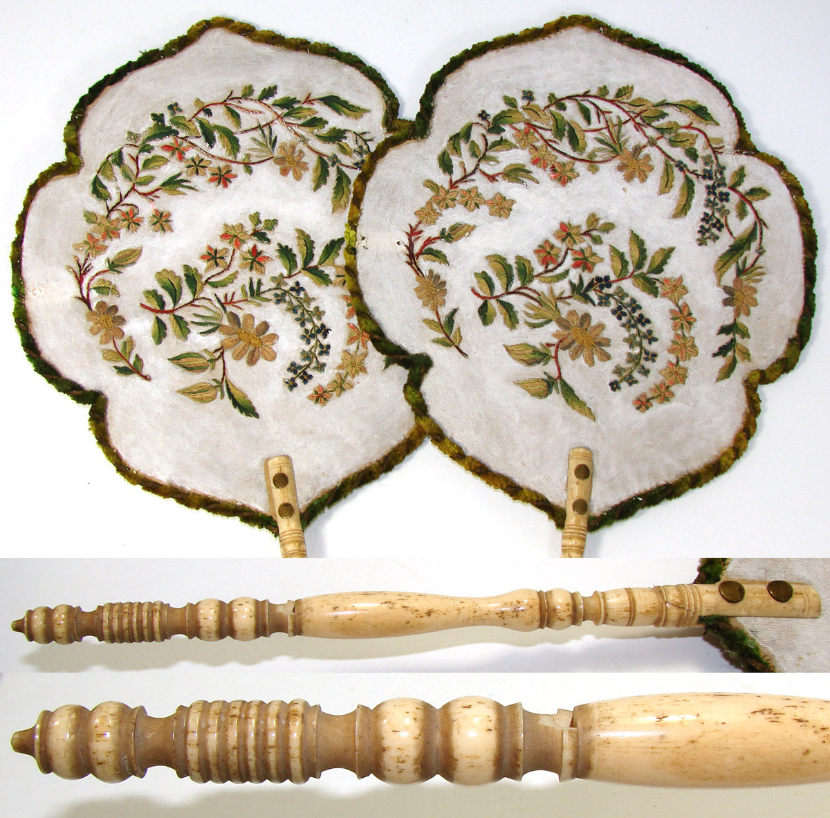 Antique Victorian Era Face Screen PAIR, Floral & Foliate Embroidery, Turned Handles