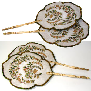 Antique Victorian Era Face Screen PAIR, Floral & Foliate Embroidery, Turned Handles