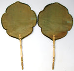 Antique Victorian Era Face Screen PAIR, Floral & Foliate Embroidery, Turned Handles