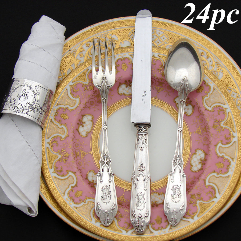 Exq Antique French Sterling Silver 24pc Dinner Sized Flatware Set, Gothic Pattern