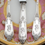 Exq Antique French Sterling Silver 24pc Dinner Sized Flatware Set, Gothic Pattern