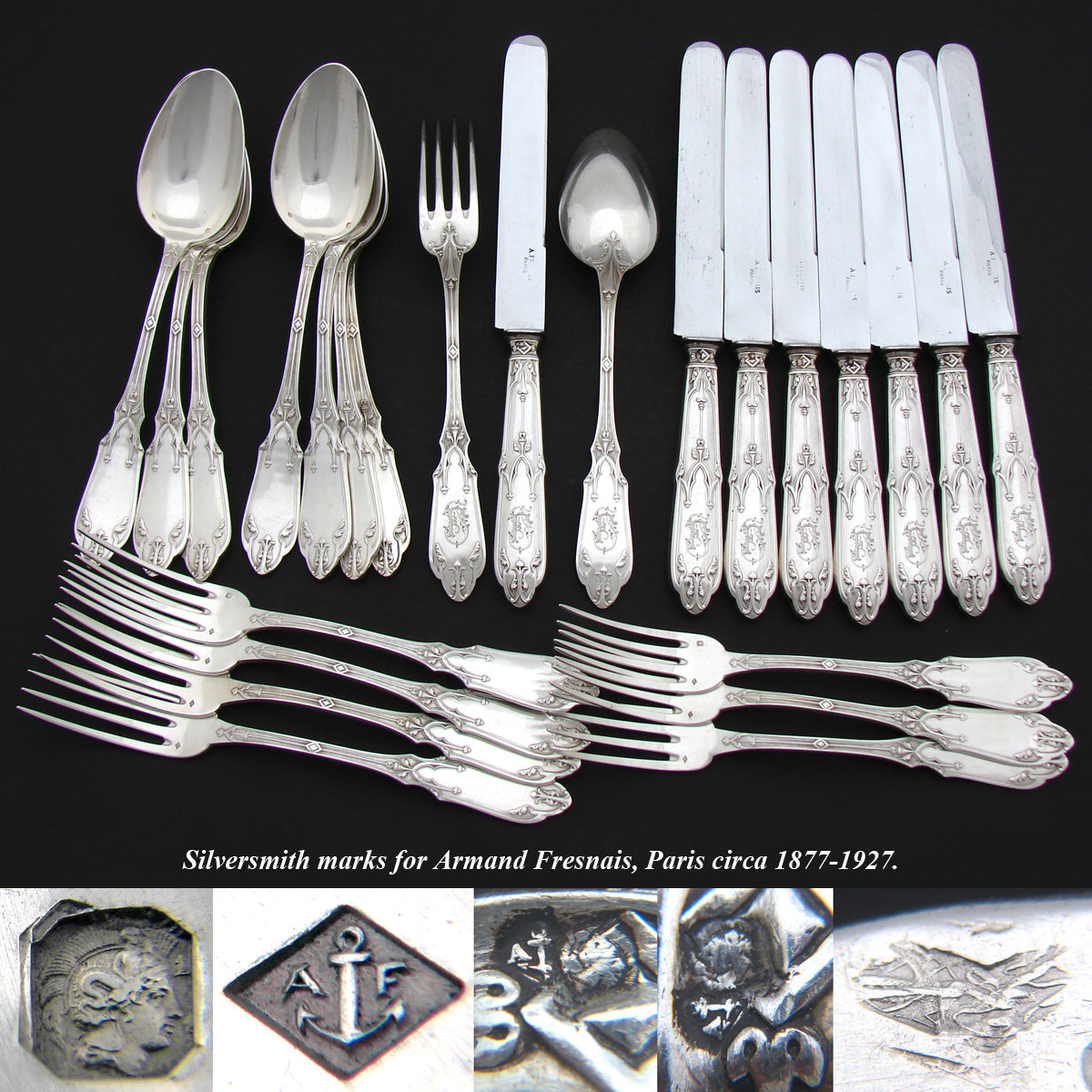 Exq Antique French Sterling Silver 24pc Dinner Sized Flatware Set, Gothic Pattern