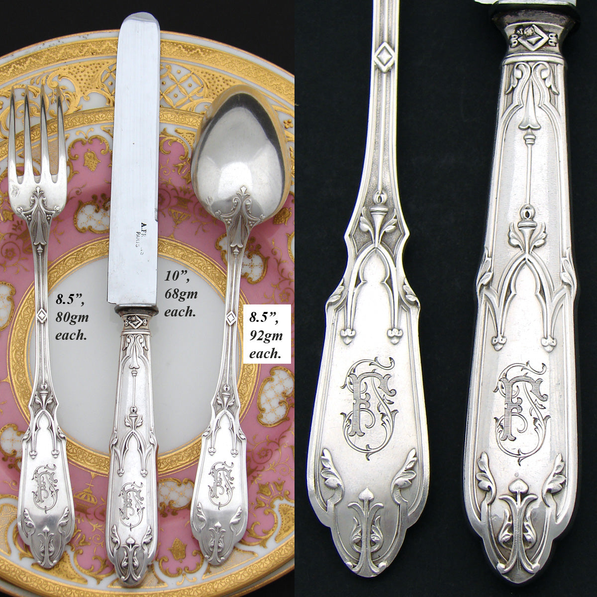 Exq Antique French Sterling Silver 24pc Dinner Sized Flatware Set, Gothic Pattern