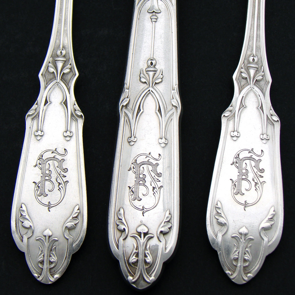 Exq Antique French Sterling Silver 24pc Dinner Sized Flatware Set, Gothic Pattern