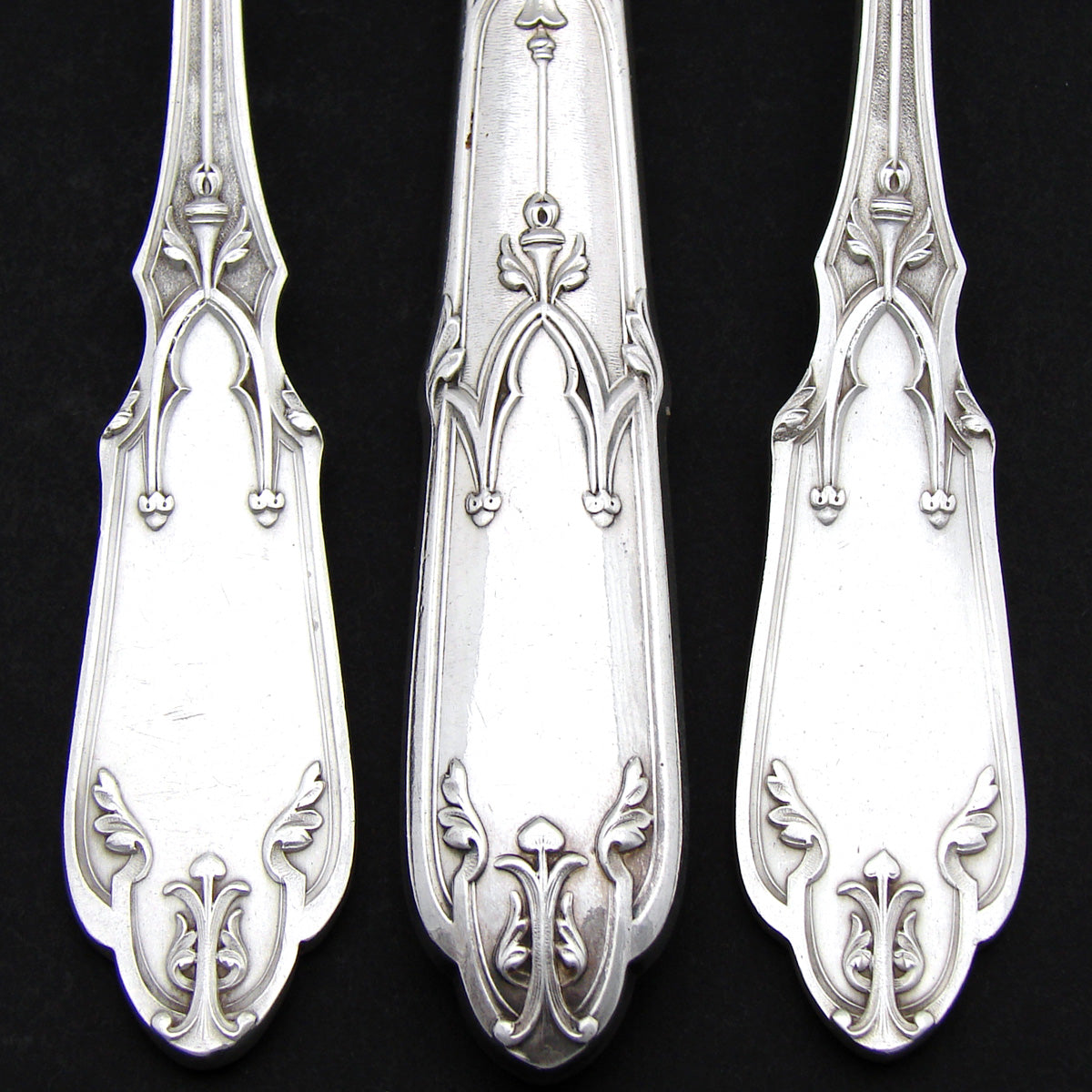 Exq Antique French Sterling Silver 24pc Dinner Sized Flatware Set, Gothic Pattern