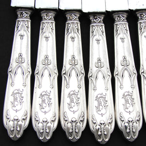 Exq Antique French Sterling Silver 24pc Dinner Sized Flatware Set, Gothic Pattern