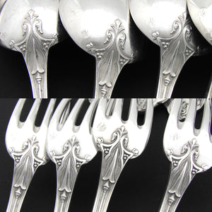 Exq Antique French Sterling Silver 24pc Dinner Sized Flatware Set, Gothic Pattern