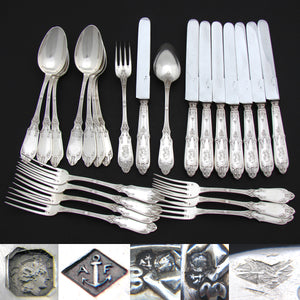 Exq Antique French Sterling Silver 24pc Dinner Sized Flatware Set, Gothic Pattern