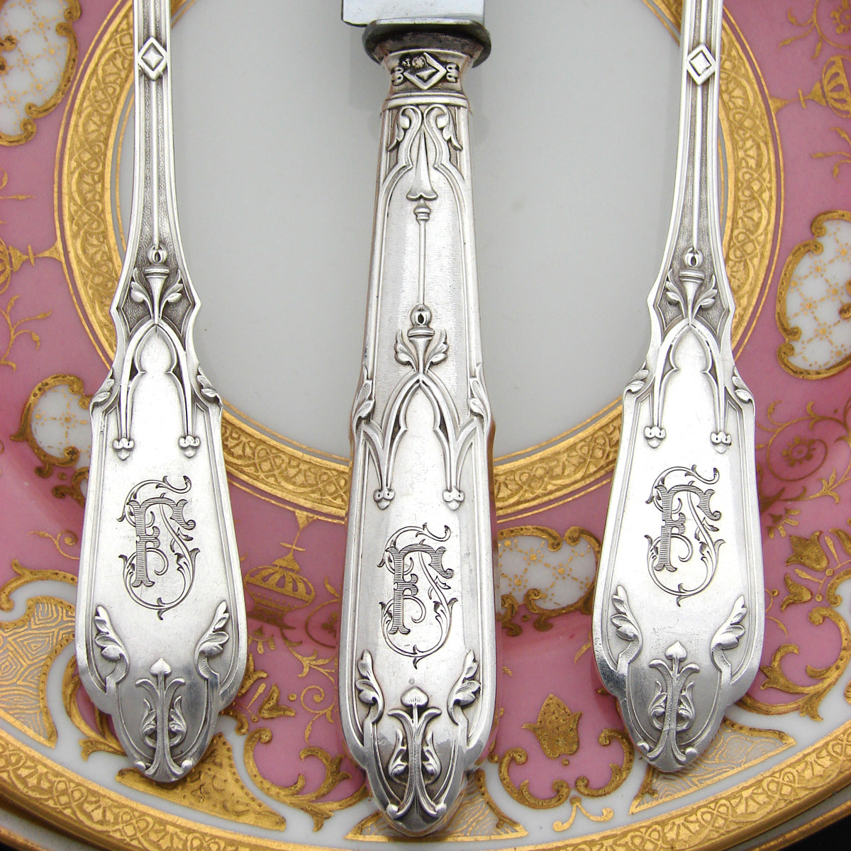 Exq Antique French Sterling Silver 24pc Dinner Sized Flatware Set, Gothic Pattern