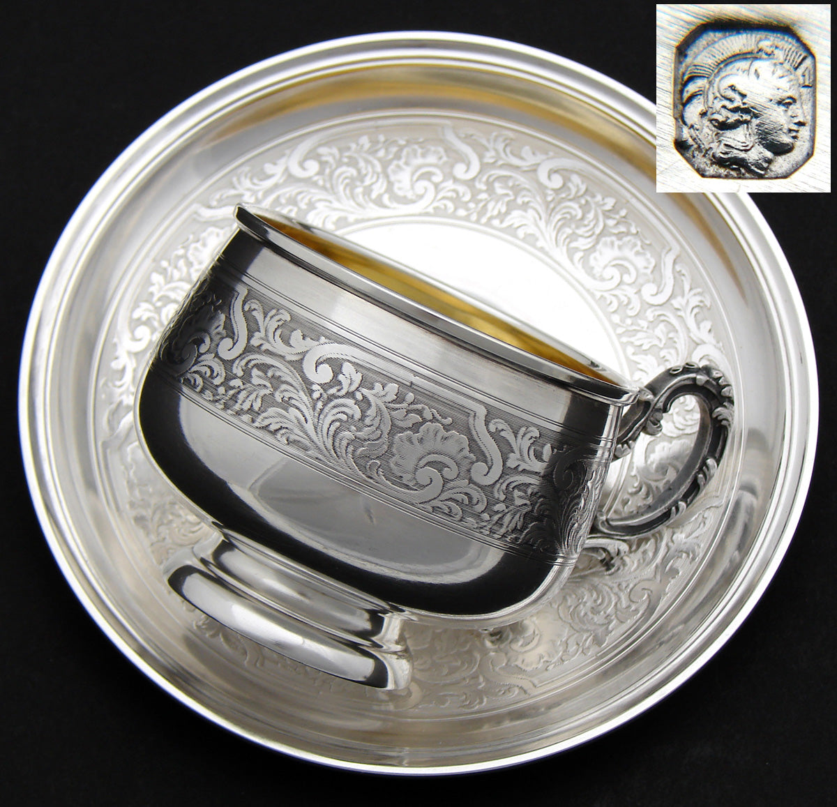 Antique French Sterling Silver Tea Cup & Saucer, Demitasse, Ornate Scrolling Pattern