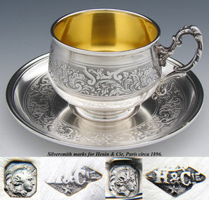 Antique French Sterling Silver Tea Cup & Saucer, Demitasse, Ornate Scrolling Pattern