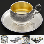 Antique French Sterling Silver Tea Cup & Saucer, Demitasse, Ornate Scrolling Pattern