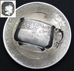 Antique French Sterling Silver Tea Cup & Saucer, Guilloche Style Decoration, "R. Denis" Inscription