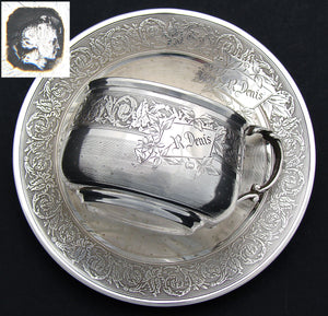 Antique French Sterling Silver Tea Cup & Saucer, Guilloche Style Decoration, "R. Denis" Inscription