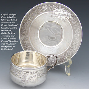 Antique French Sterling Silver Tea Cup & Saucer, Guilloche Style Decoration, "R. Denis" Inscription