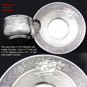 Antique French Sterling Silver Tea Cup & Saucer, Guilloche Style Decoration, "R. Denis" Inscription