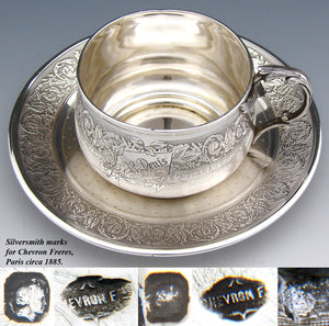 Antique French Sterling Silver Tea Cup & Saucer, Guilloche Style Decoration, "R. Denis" Inscription