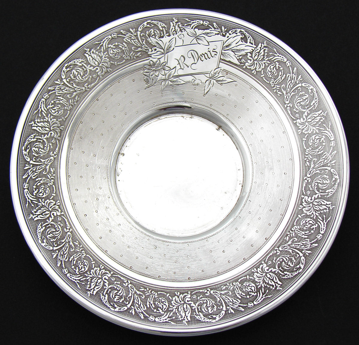 Antique French Sterling Silver Tea Cup & Saucer, Guilloche Style Decoration, "R. Denis" Inscription