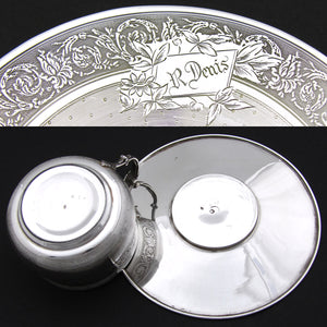 Antique French Sterling Silver Tea Cup & Saucer, Guilloche Style Decoration, "R. Denis" Inscription