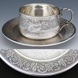 Antique French Sterling Silver Tea Cup & Saucer, Guilloche Style Decoration, "R. Denis" Inscription