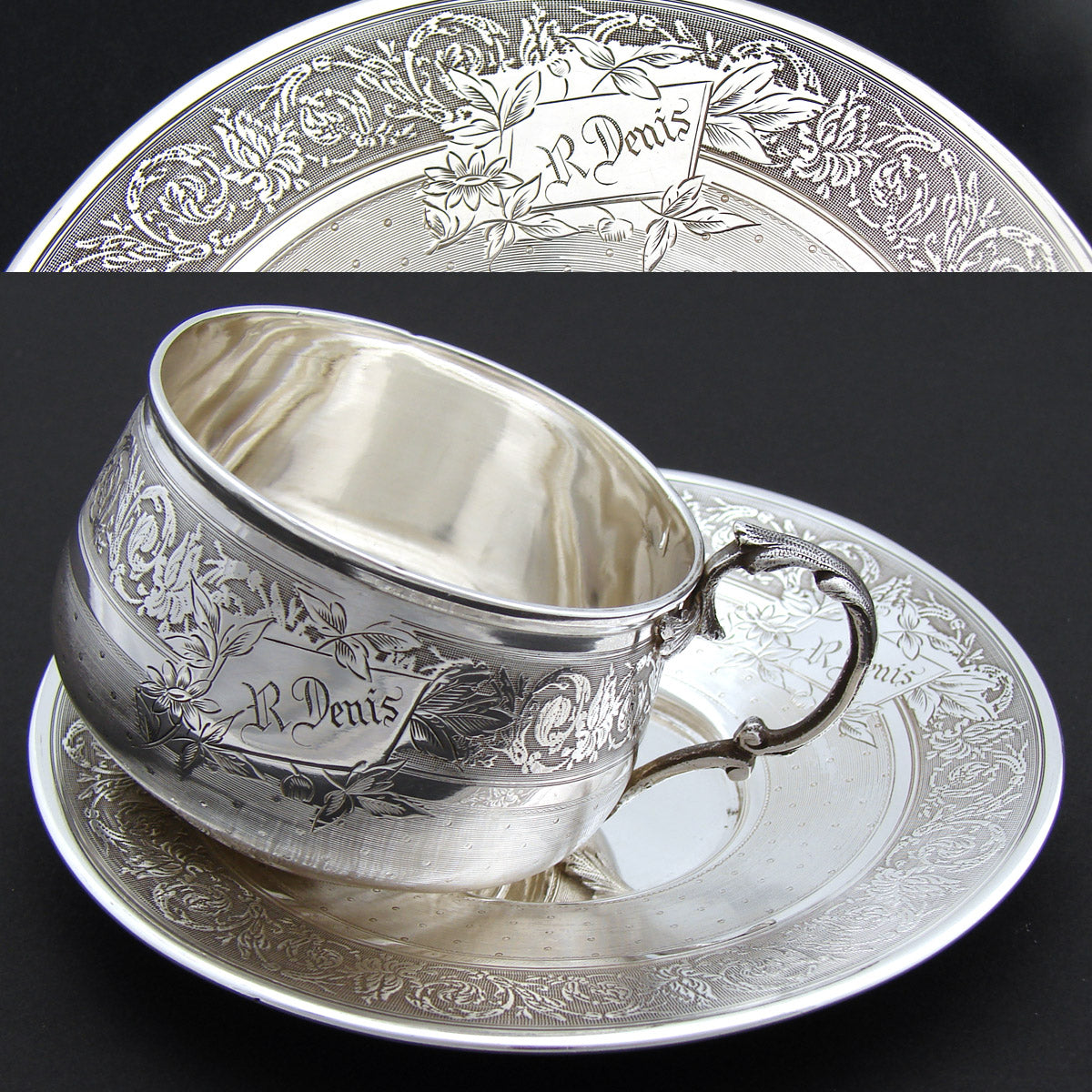 Antique French Sterling Silver Tea Cup & Saucer, Guilloche Style Decoration, "R. Denis" Inscription