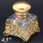 LG Antique French Paperweight Style 4.5" Tall Inkwell, Baccarat ? Cut Crystal & Brass