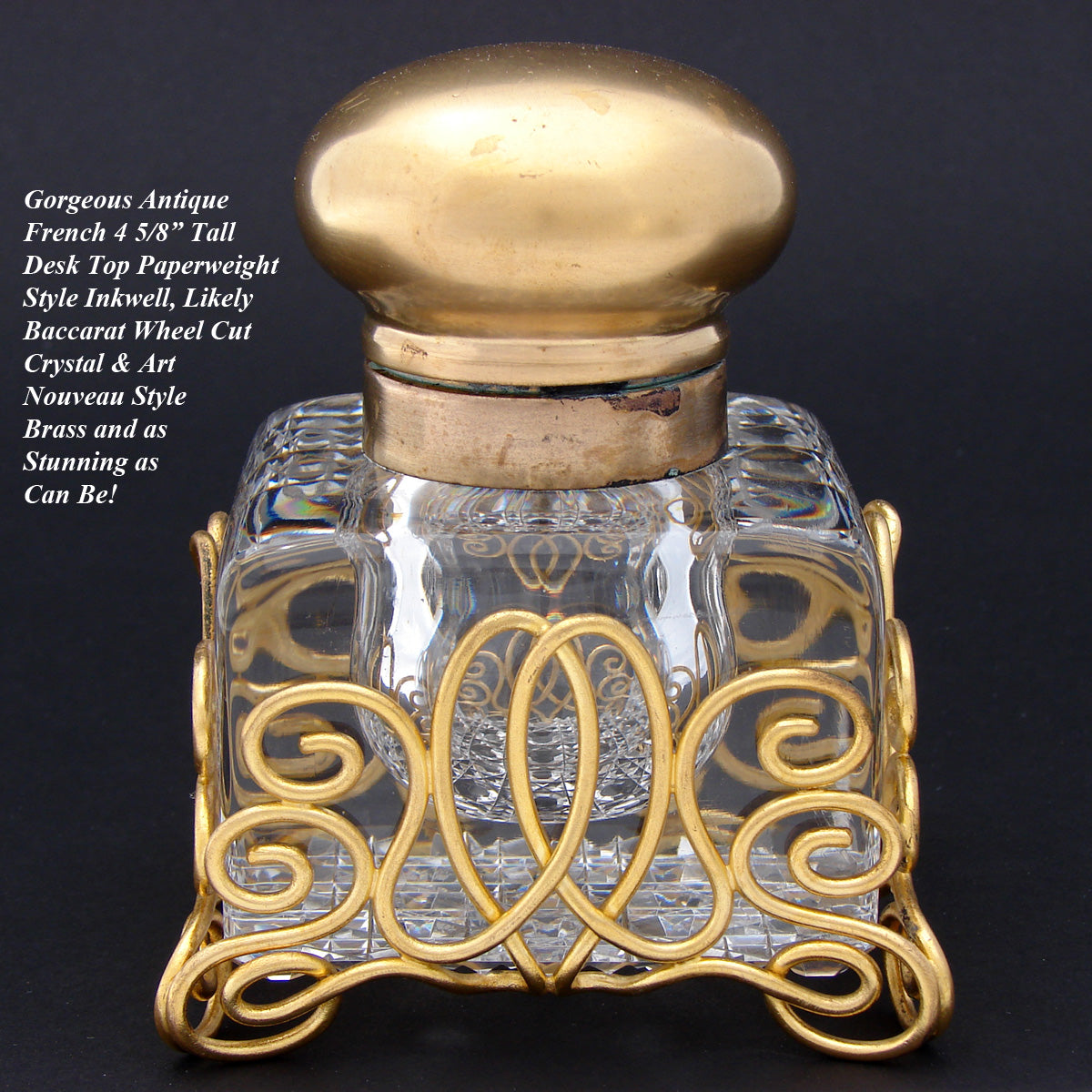 LG Antique French Paperweight Style 4.5" Tall Inkwell, Baccarat ? Cut Crystal & Brass