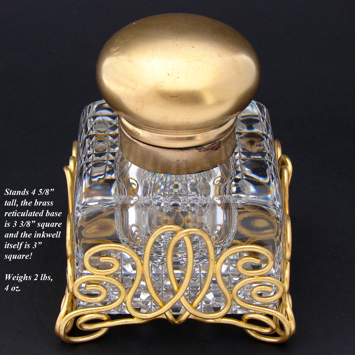 LG Antique French Paperweight Style 4.5" Tall Inkwell, Baccarat ? Cut Crystal & Brass