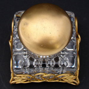 LG Antique French Paperweight Style 4.5" Tall Inkwell, Baccarat ? Cut Crystal & Brass