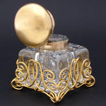 LG Antique French Paperweight Style 4.5" Tall Inkwell, Baccarat ? Cut Crystal & Brass