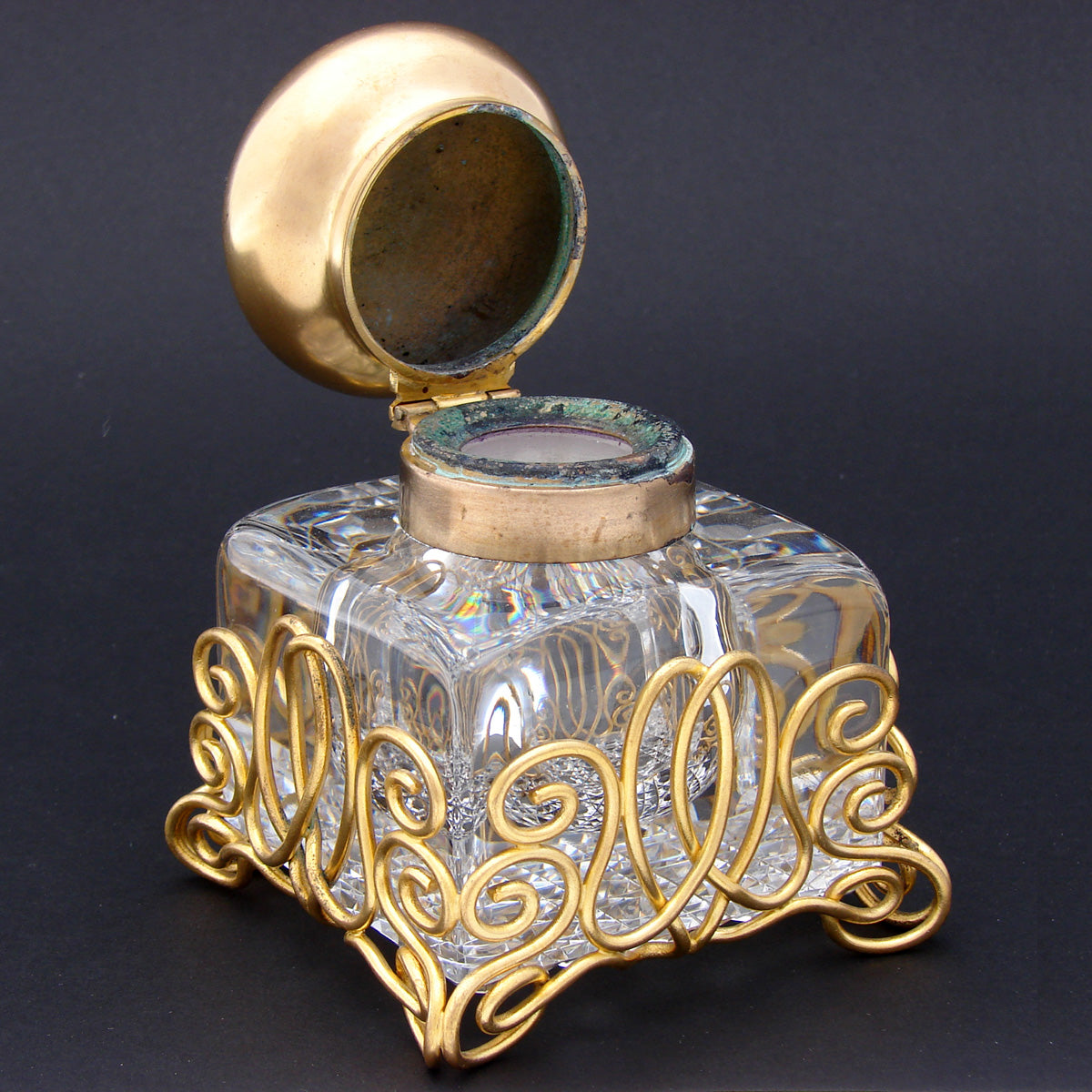 LG Antique French Paperweight Style 4.5" Tall Inkwell, Baccarat ? Cut Crystal & Brass