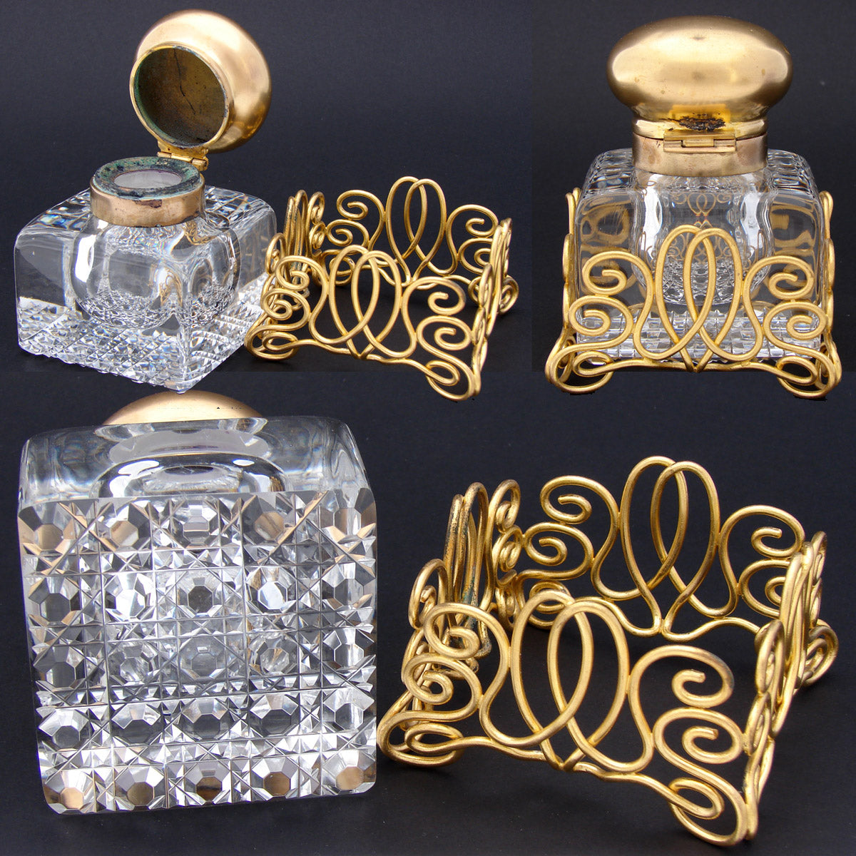 LG Antique French Paperweight Style 4.5" Tall Inkwell, Baccarat ? Cut Crystal & Brass