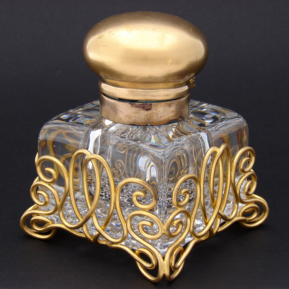 LG Antique French Paperweight Style 4.5" Tall Inkwell, Baccarat ? Cut Crystal & Brass