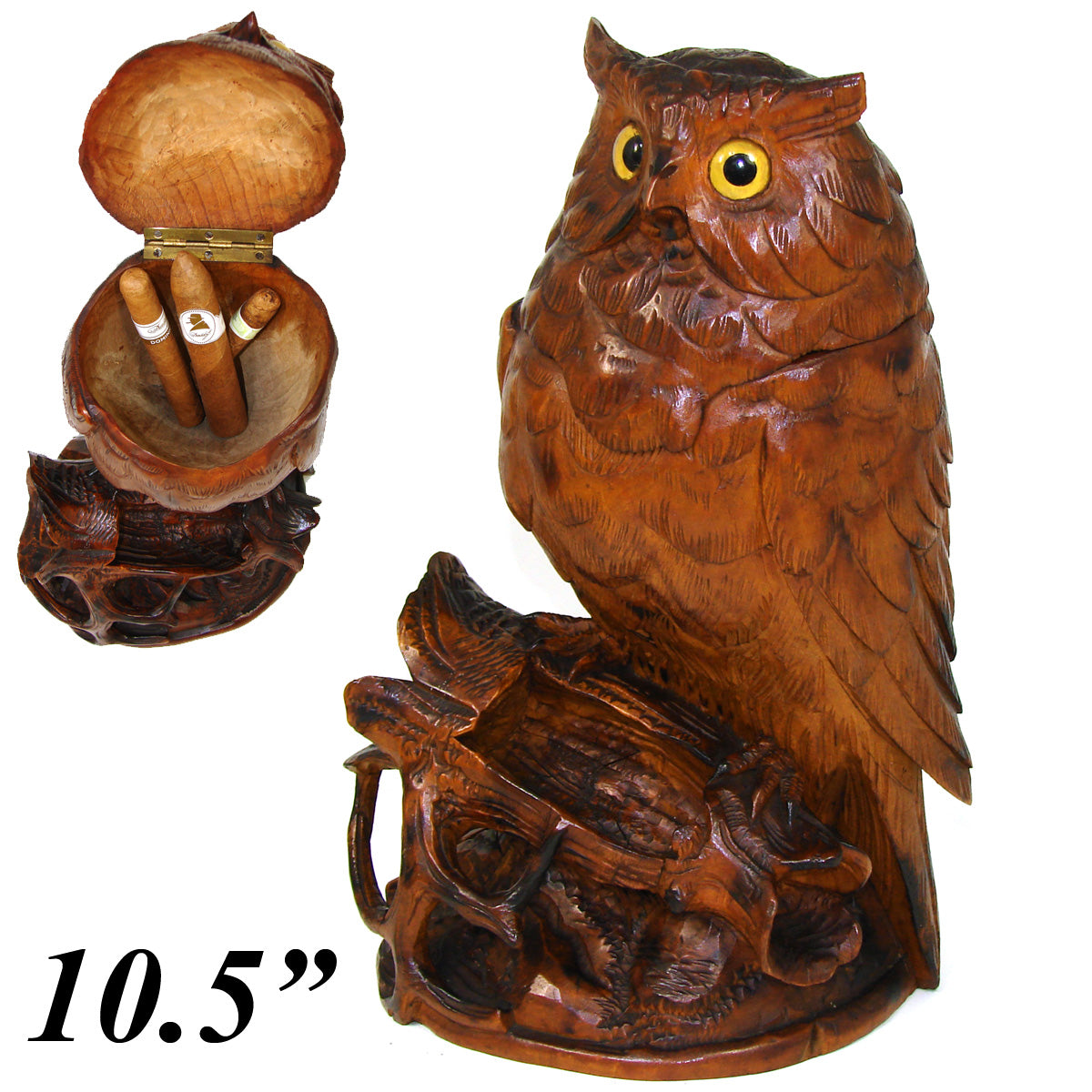 Antique Black Forest 10.5" Tall Owl Figure, a Tobacco or Smoker’s Caddy & Match Holder, Pipe or Cigar